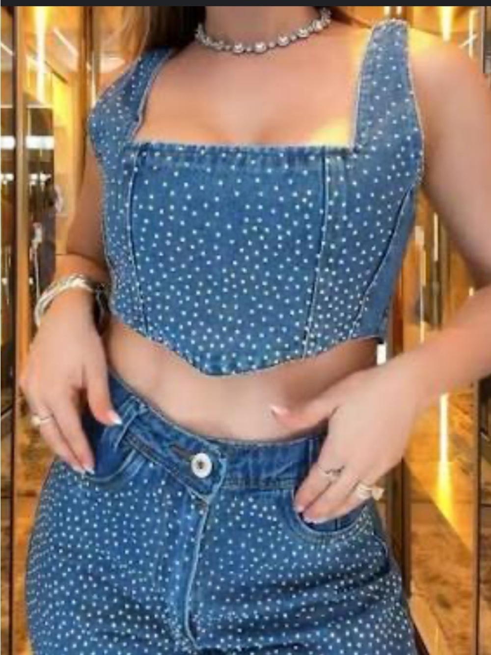 Studded Blue Denim Crop Tank Top - Women